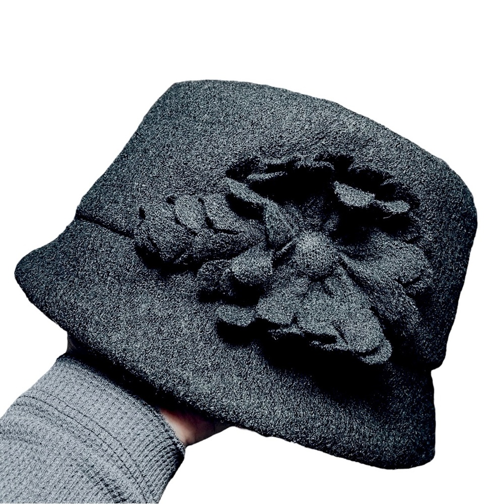 Wool Blend Flower Accent Cloche Hat In Black